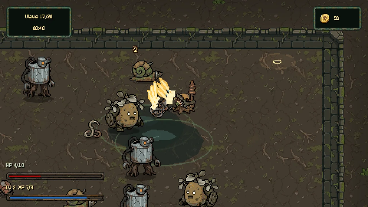 Junkyard Garden gameplay showing a root character fighting enemies in a scrap-filled arena.