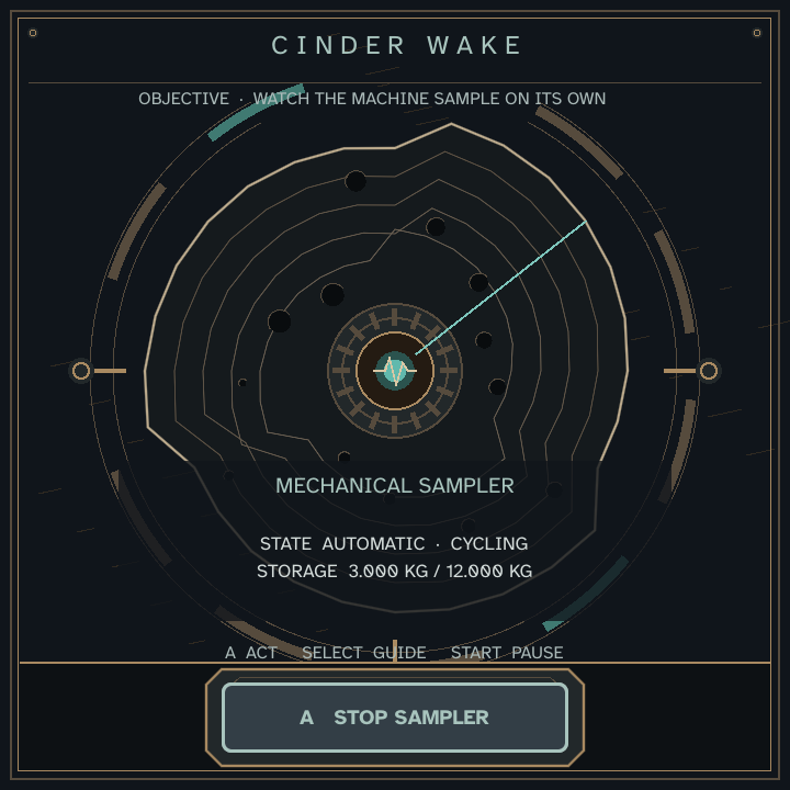 REGOLITH gameplay showing the Cinder Wake asteroid instrument and an automatic mechanical sampler.