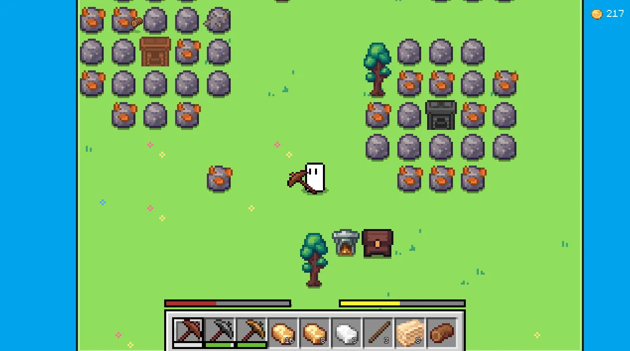 Tiny Frontiers gameplay showing a character, hotbar, resources, trees, and water in a bright top-down world.